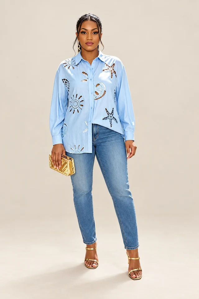 Blue cutwork shirt & jeans.
