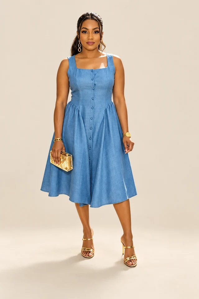 Blue button-front dress.