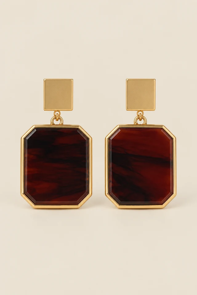Brown rectangle drop earrings.