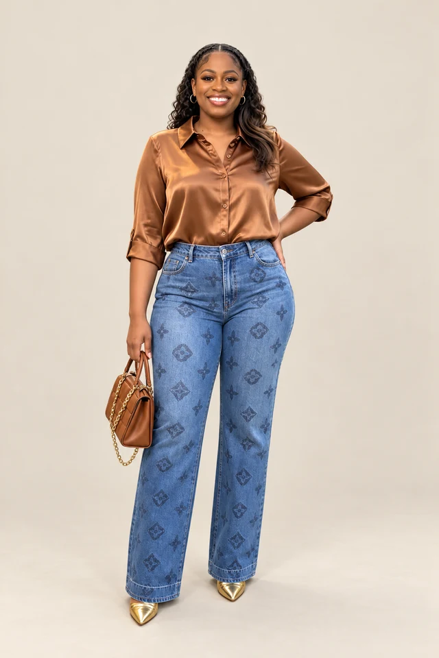 Brown shirt & jeans.