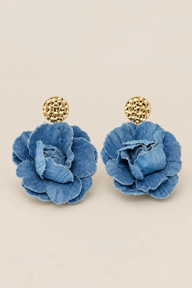 Light blue denim rose earrings.