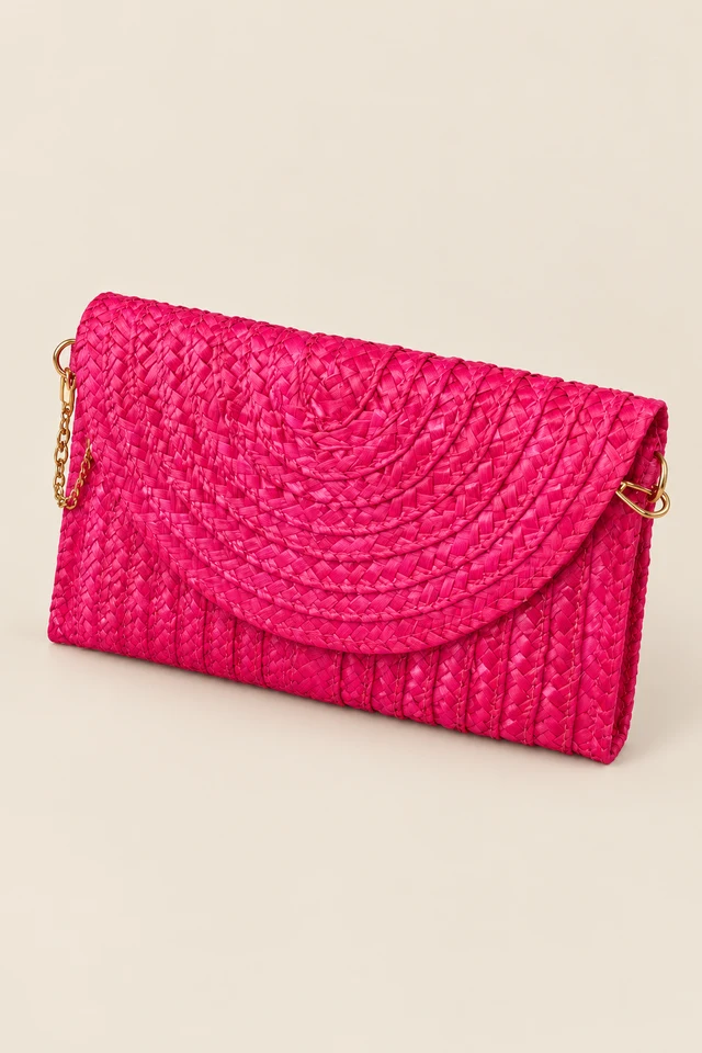 Fuchsia woven clutch.