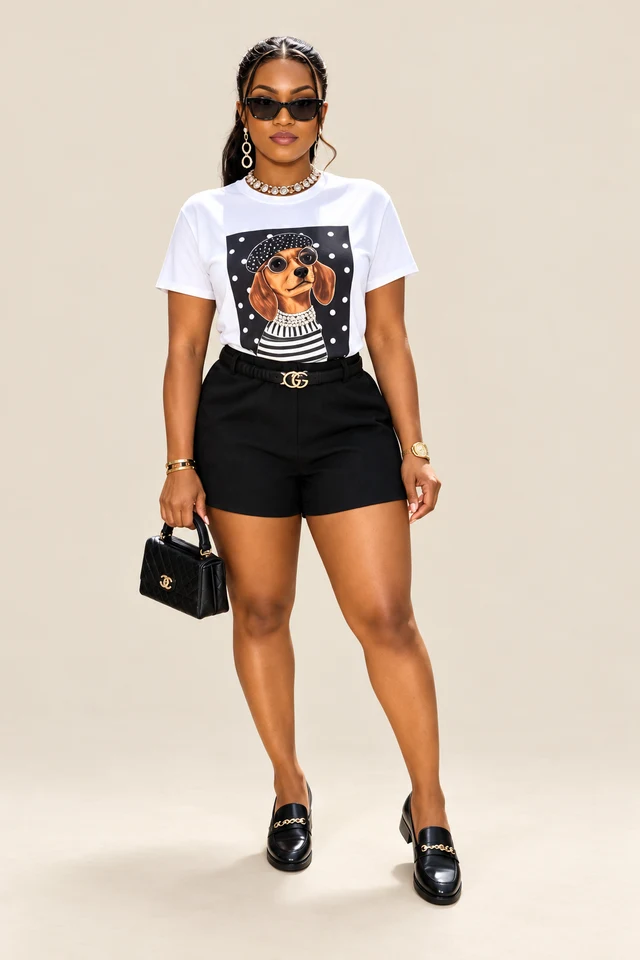 Dog graphic tee & black shorts.