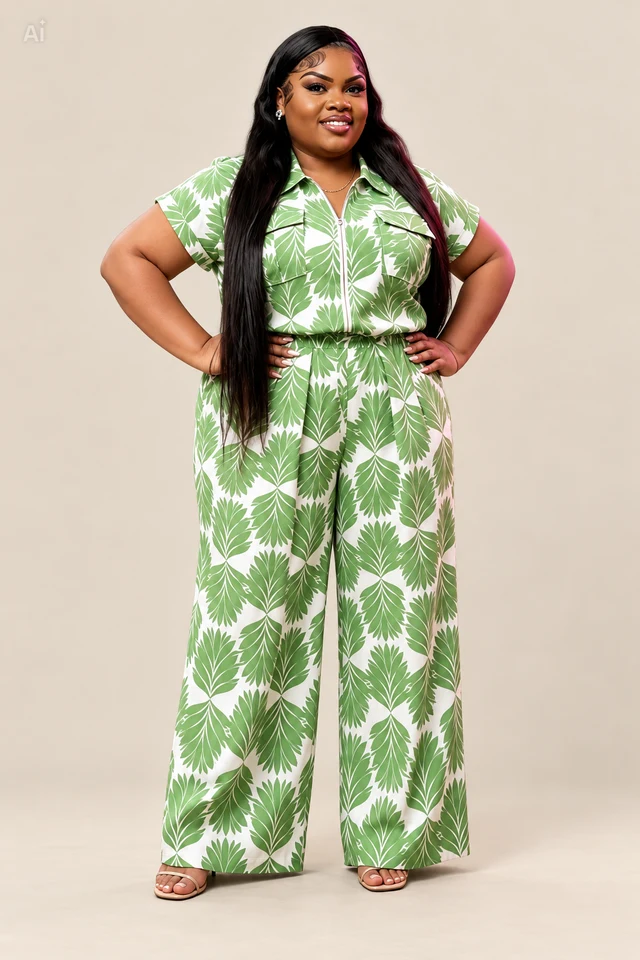 Green print trouser set.