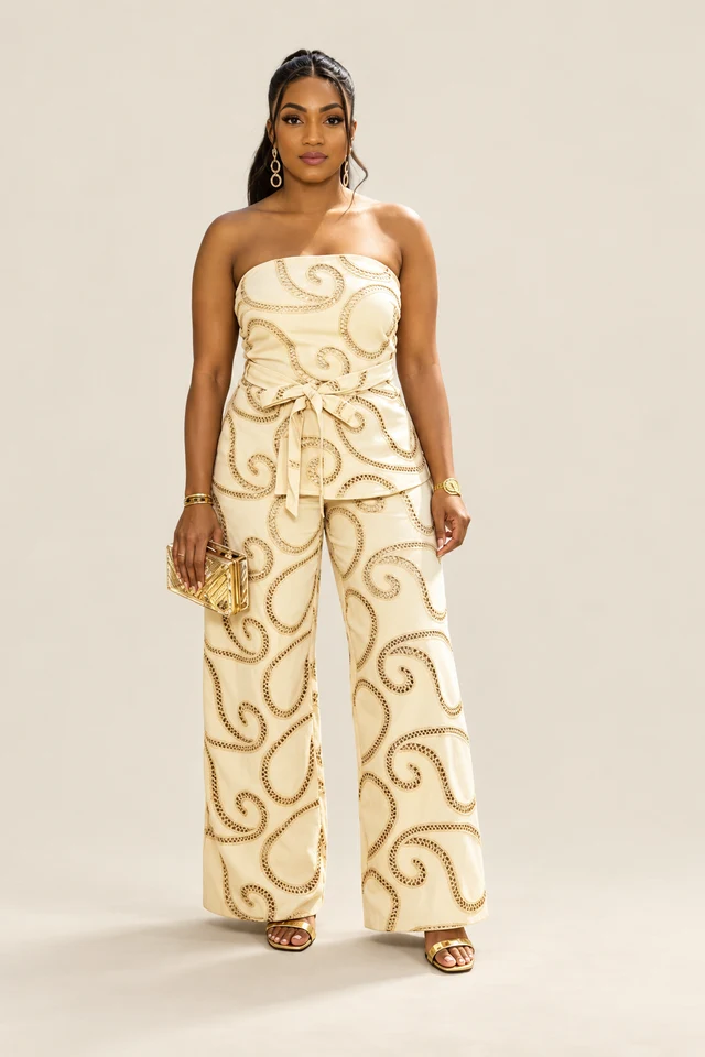 Ivory swirl-print trouser set.