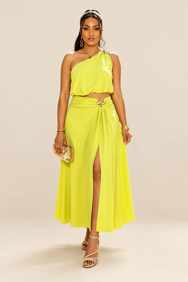 Lime one-shoulder skirt set.