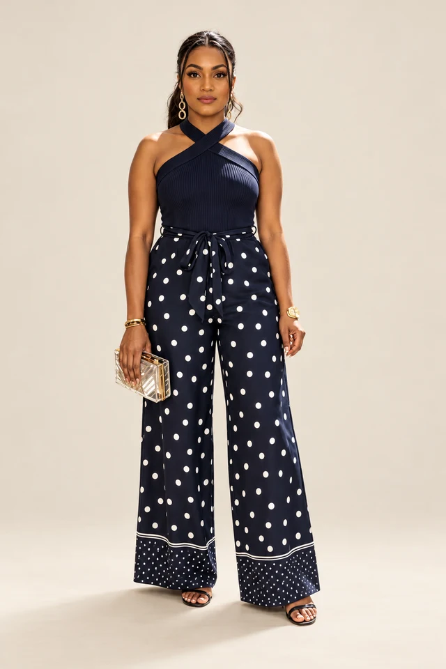 Polka-dot trouser set.