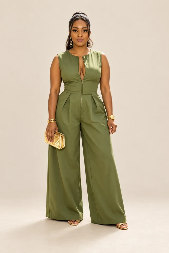 Olive wide-leg jumpsuit.