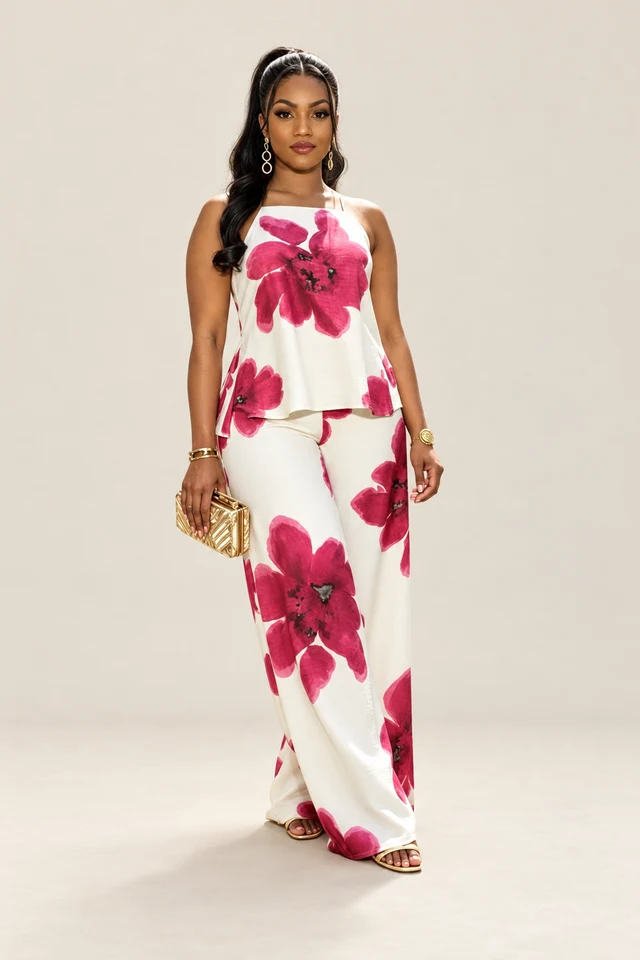 Pink floral trouser set.