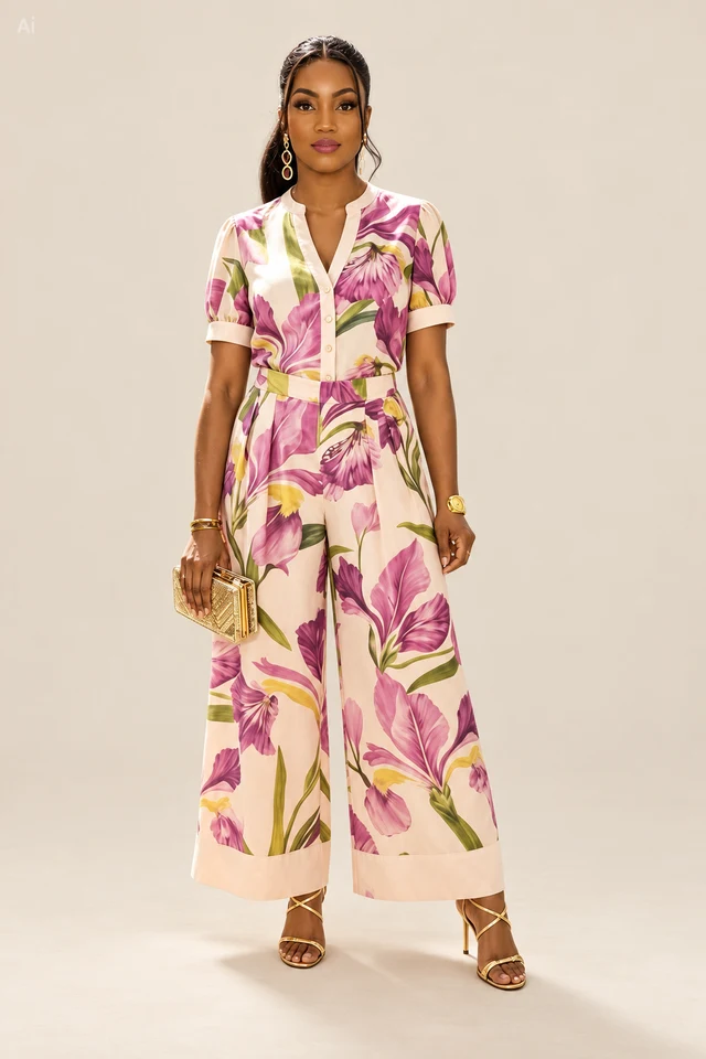 Pink leaf-print set.