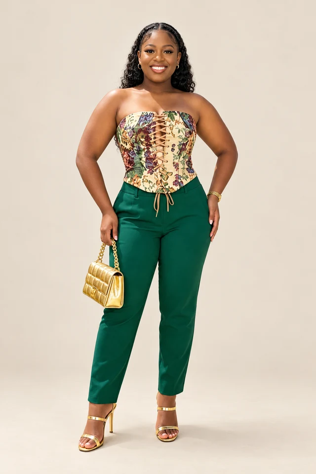 Printed bustier & green trousers.