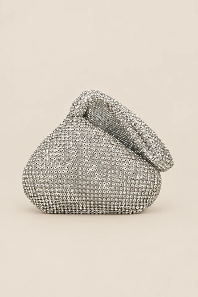 Silver fold-over clutch.