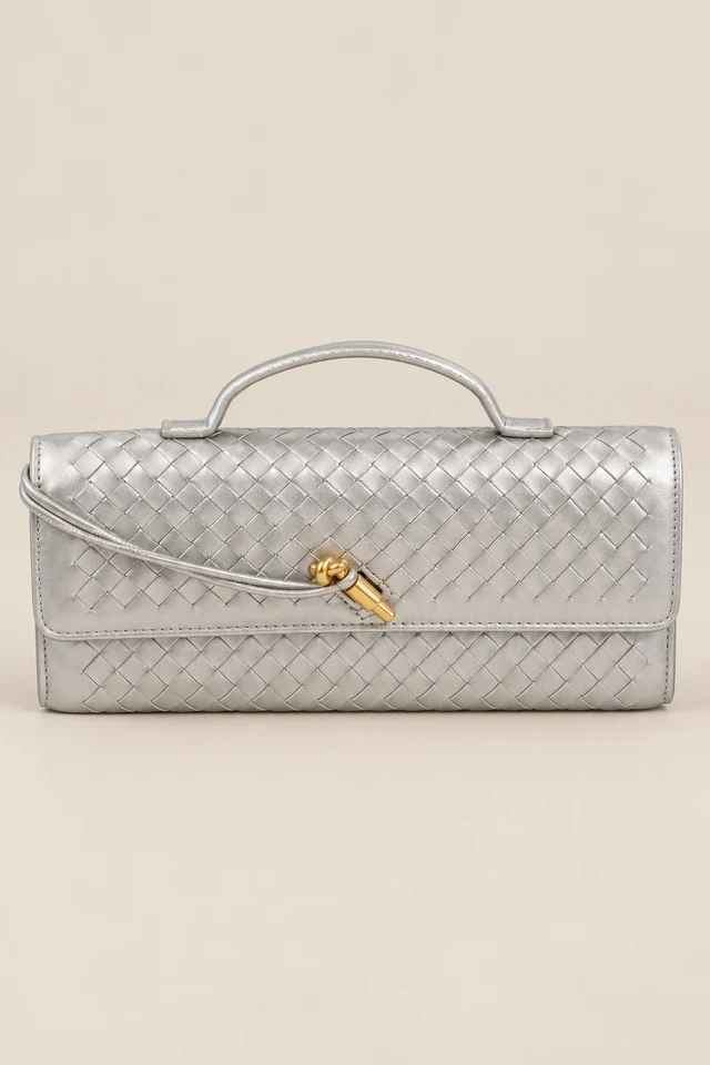 Silver woven envelope bag.