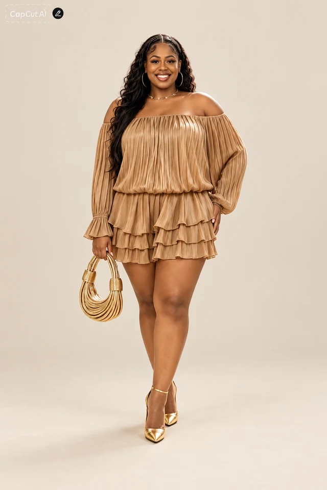 Tan off-shoulder tiered romper.