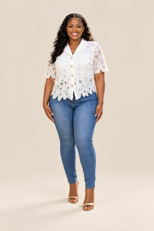 White cutwork shirt & jeans.