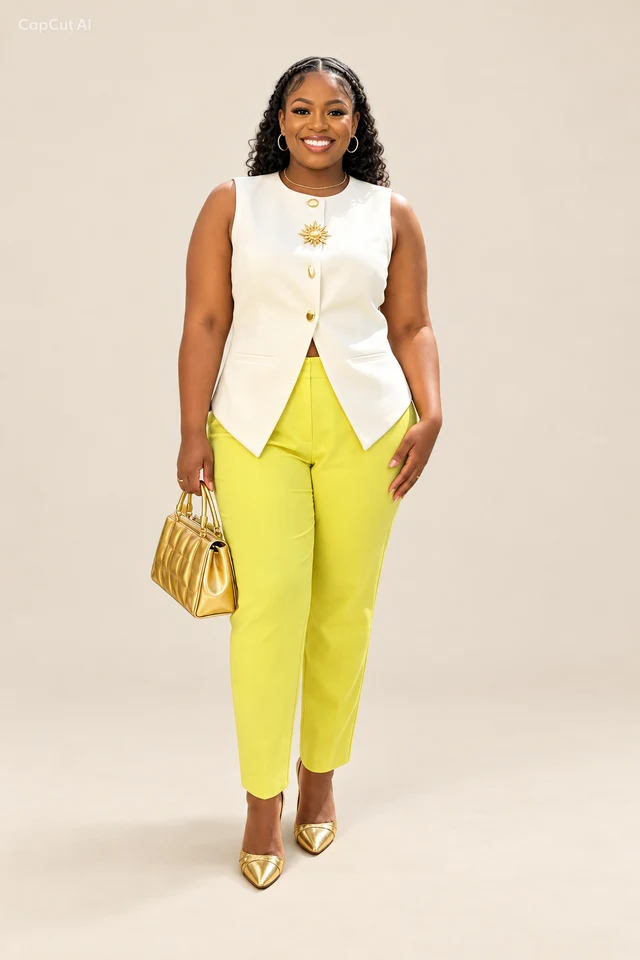 Yellow trousers & waistcoat.