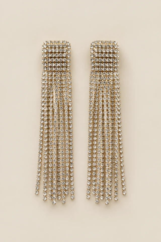 Long sparkling fringe earrings with a square stud.