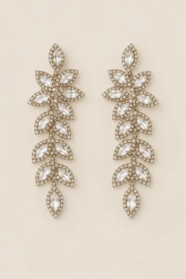 Branching leaf-shaped sparkling drop earrings.