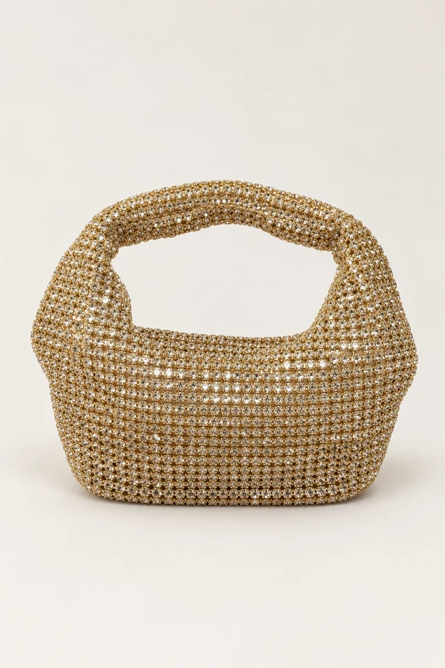 Short-handled gold-tone sparkling evening bag.