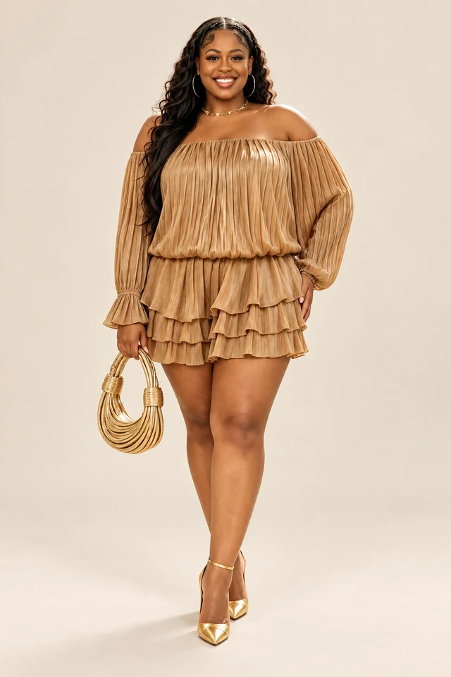 Golden bronze off-shoulder dress with a ruffled hem.