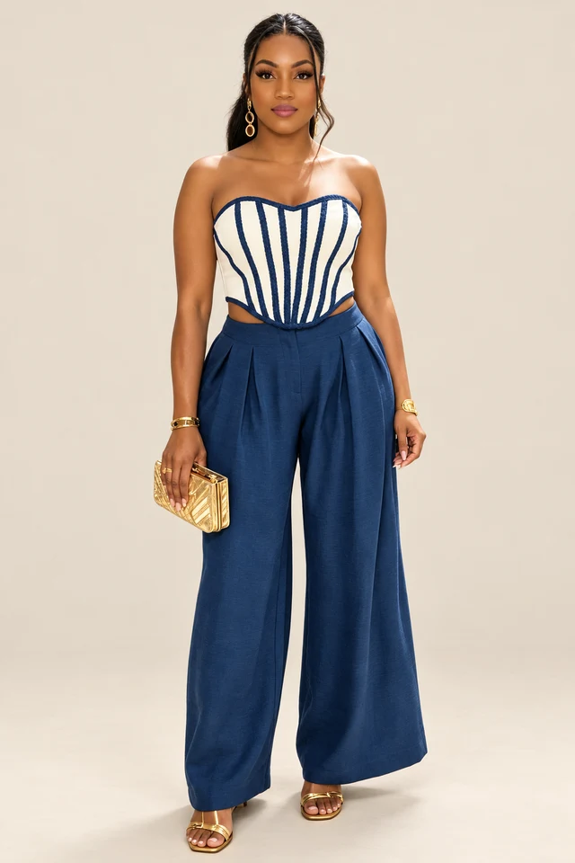 Denim-like tube bustier with rope-braid detailing and matching pants.
